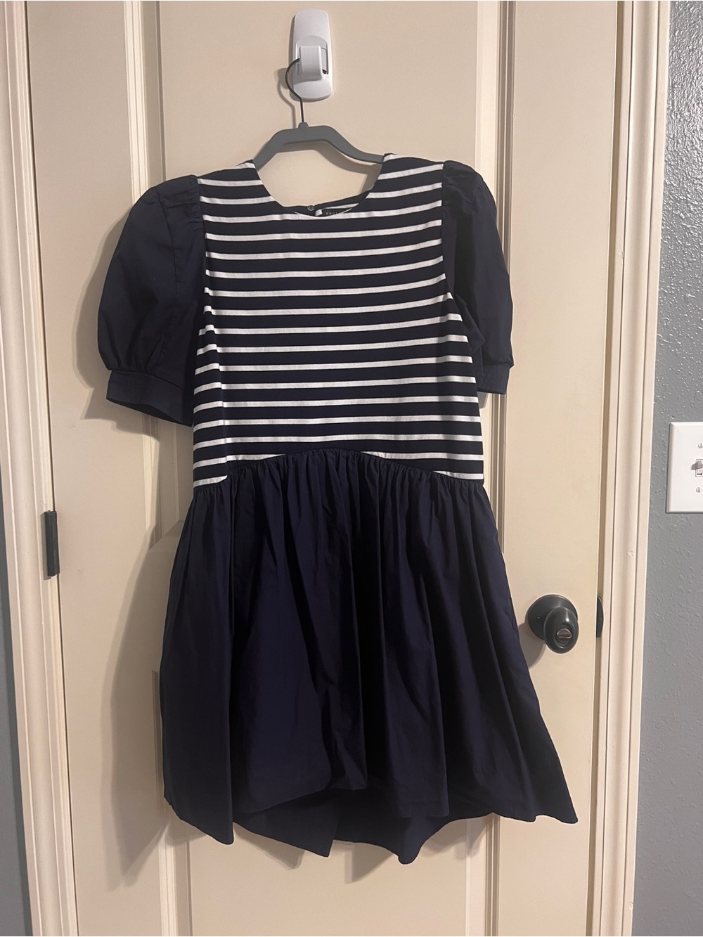 English Factory Navy and White Striped Puff-Sleeve Dress